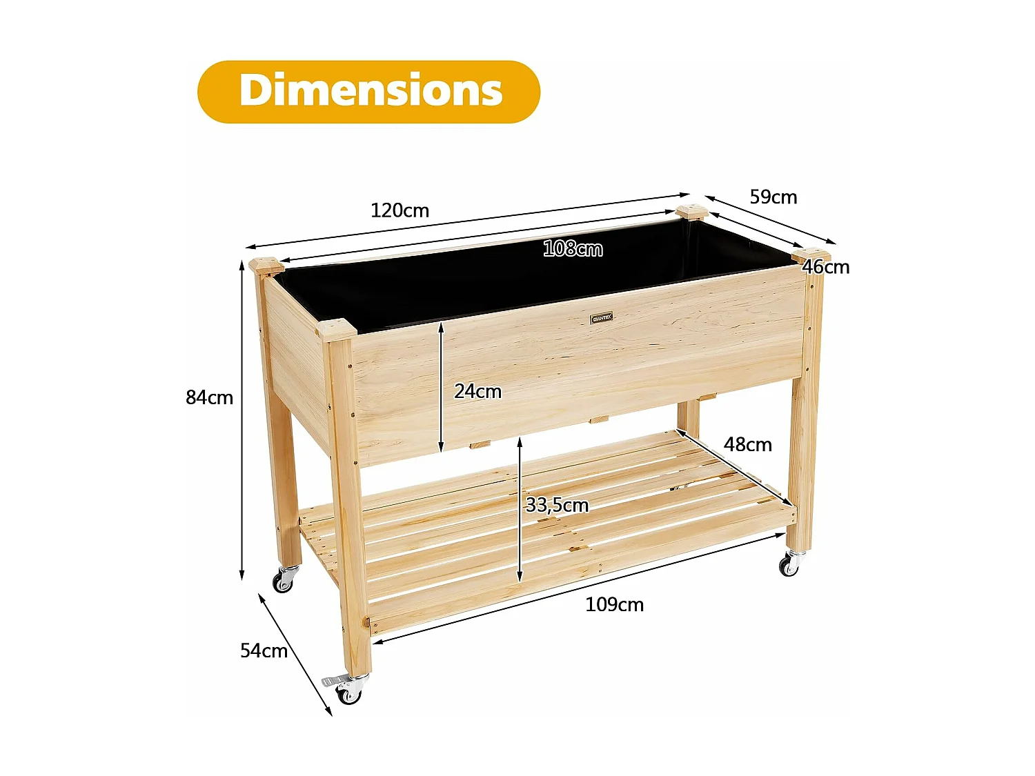 Jardinière Surélevée en Bois avec Roues Verrouillables, Lit de Jardin avec Étagère et Doublure de Protection 4 Trous de Drainage (120 x 59 x 84 cm)