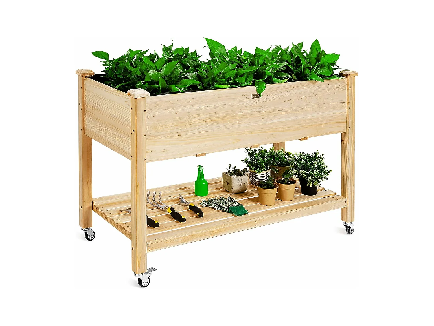 Verhoogd houten bed met vergrendelbare wielen, tuinbed met plank en beschermende voering 4 drainagegaten (120 x 59 x 84 cm)