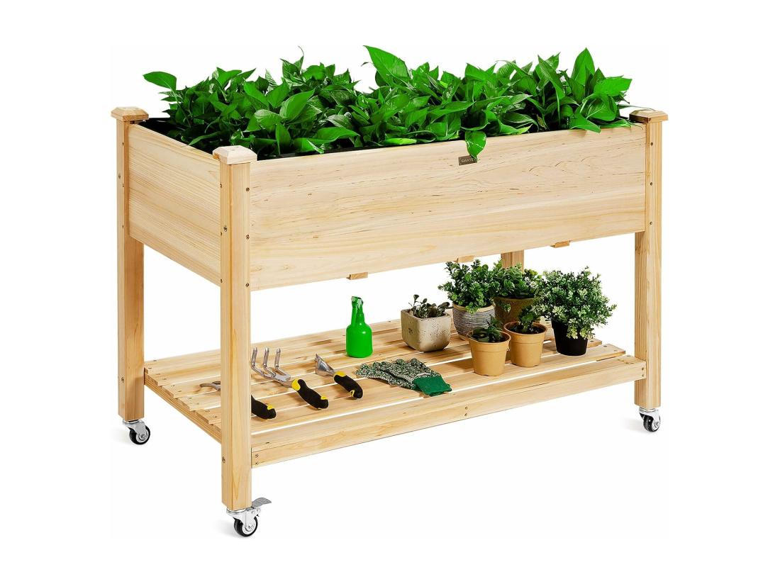 vente unique Jardinière Surélevée en Bois avec Roues Verrouillables Lit de Jardin avec Étagère et Doublure de Protection 4 Trous de Drainage (120 x 59 x 84 cm)