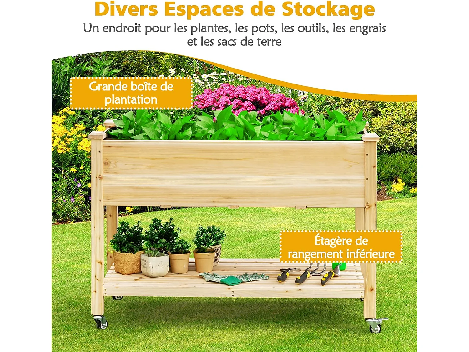 Jardinière Surélevée en Bois avec Roues Verrouillables, Lit de Jardin avec Étagère et Doublure de Protection 4 Trous de Drainage (120 x 59 x 84 cm)