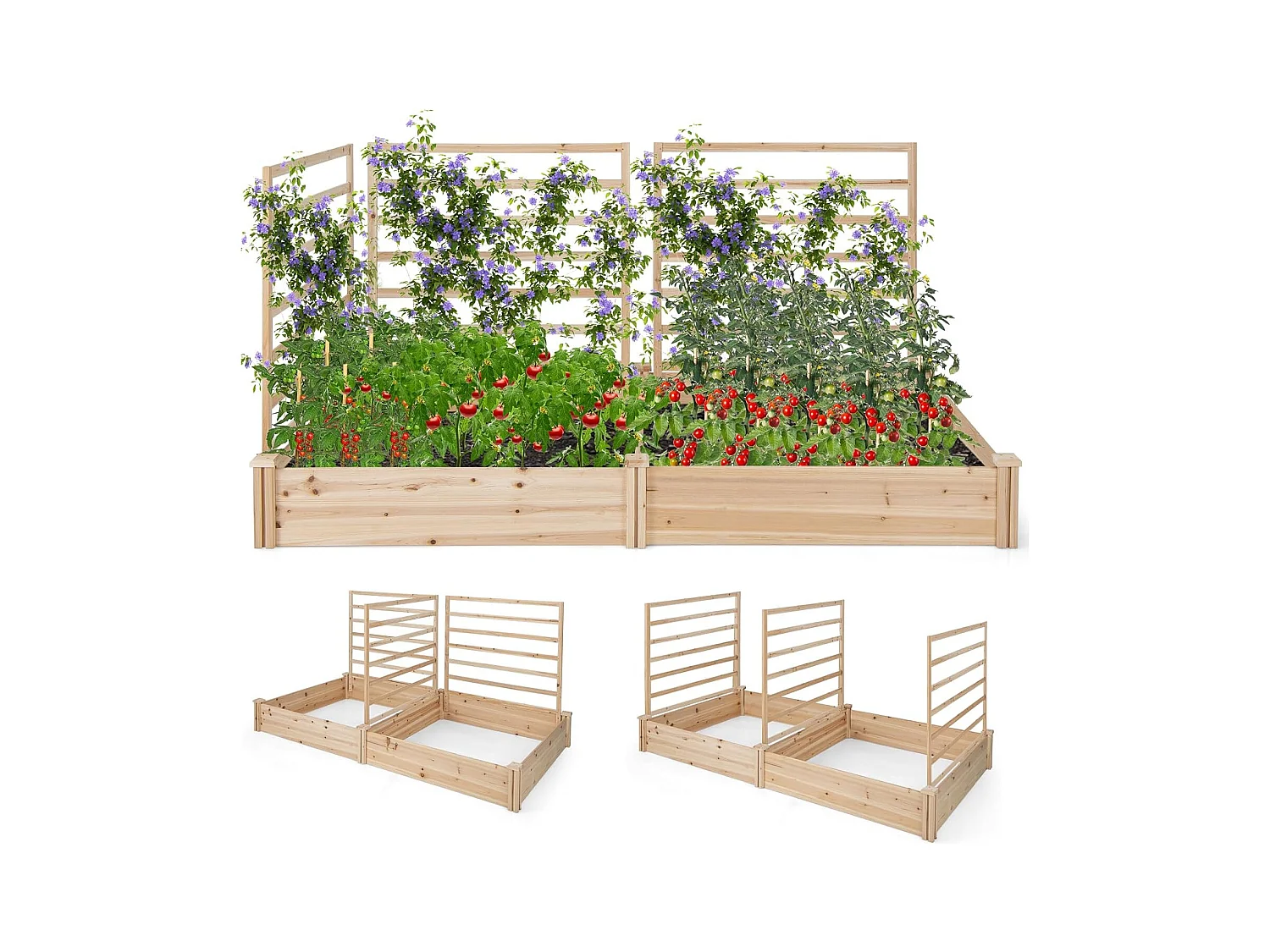 Jardinière avec 3 Treillis en Bois avec Base Ouverte, 2 Bacs à Fleurs Extérieur pour Plante Grimpante, Lit de Jardin Surélevée Résistance à la Pourriture(222 x 114 x 110 cm)