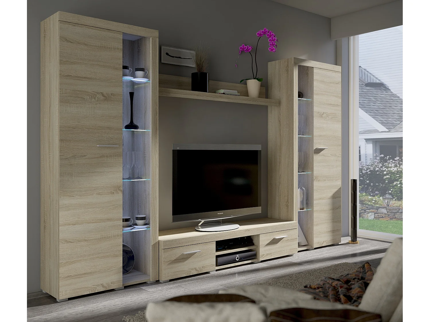 Ensemble meuble TV RUMBA XL 300 cm - Couleur: Chêne Sonoma - Avec Buffet