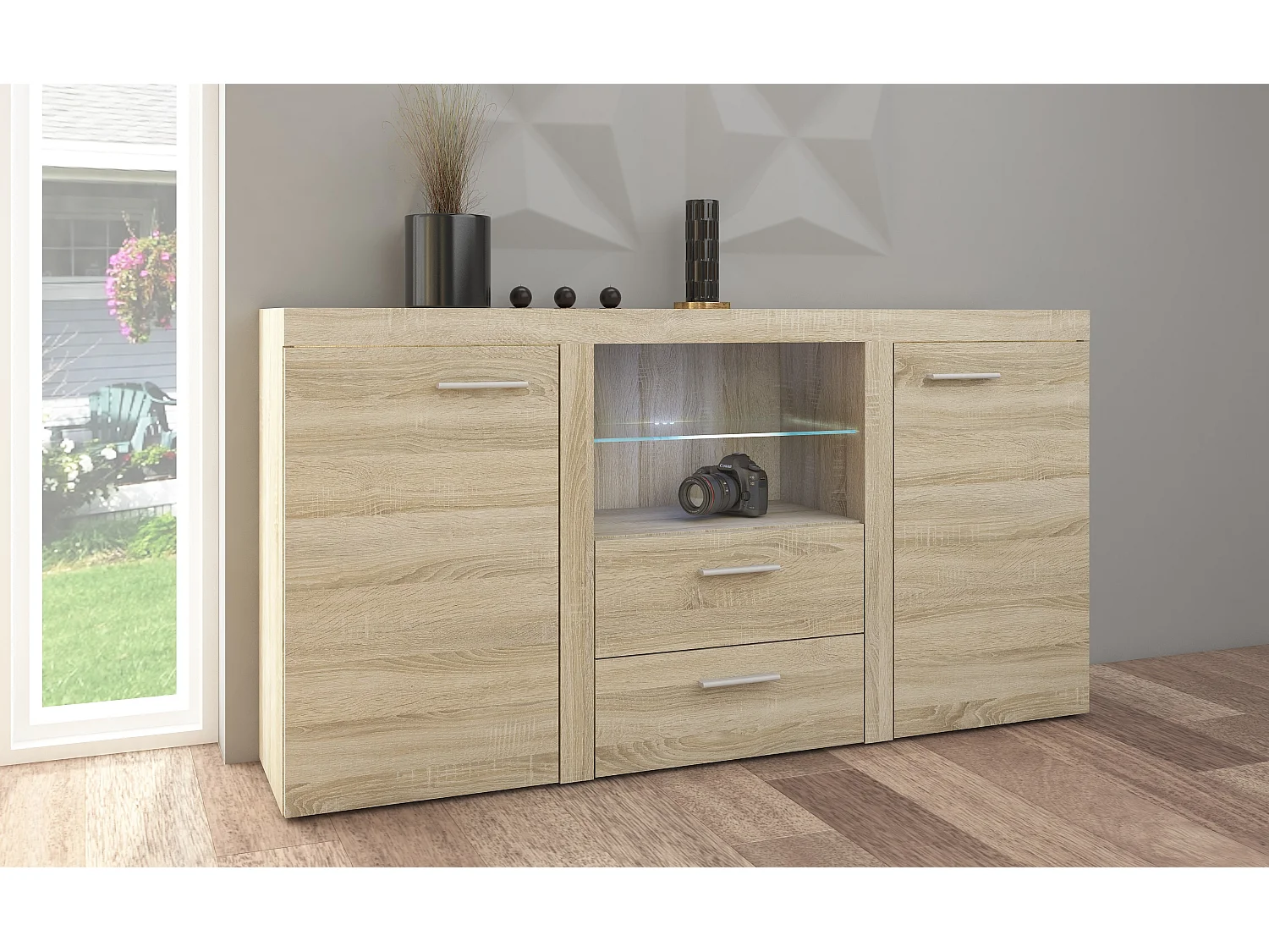 Ensemble meuble TV RUMBA XL 300 cm - Couleur: Chêne Sonoma - Avec Buffet