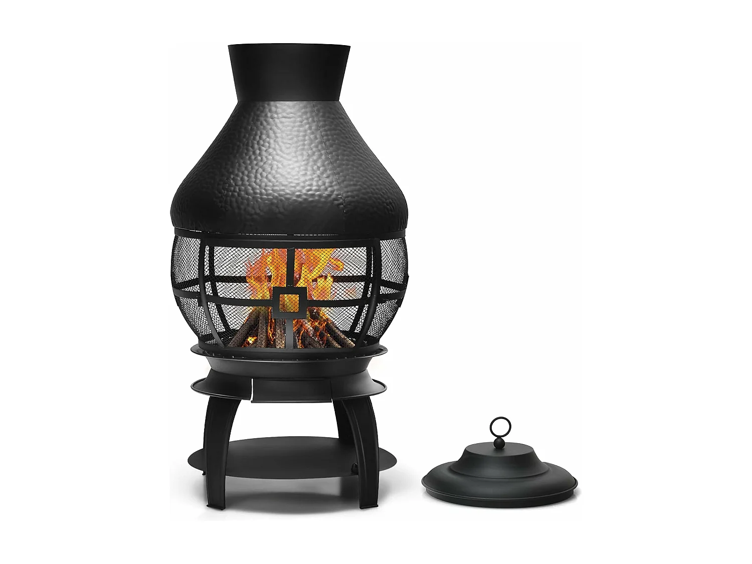 Brasero Foyer Extérieur avec Grille à Bûches en 2 Pièces, Cheminée à Bois Capuchon de Pluie et Tisonnier Couvercle en Maille Ignifuge à 360°, pour Jardin Camping Barbecue
