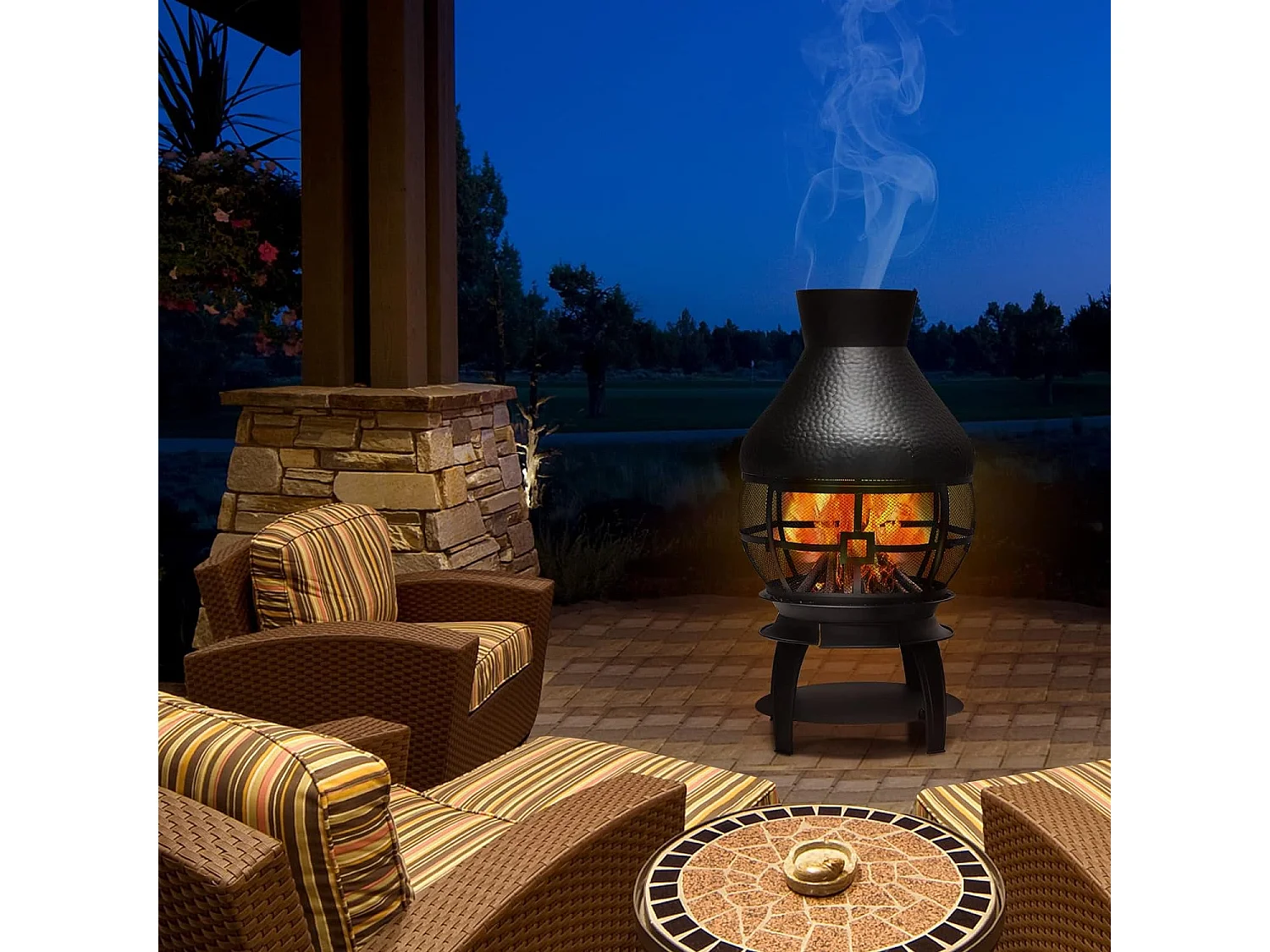 Brasero Foyer Extérieur avec Grille à Bûches en 2 Pièces, Cheminée à Bois Capuchon de Pluie et Tisonnier Couvercle en Maille Ignifuge à 360°, pour Jardin Camping Barbecue