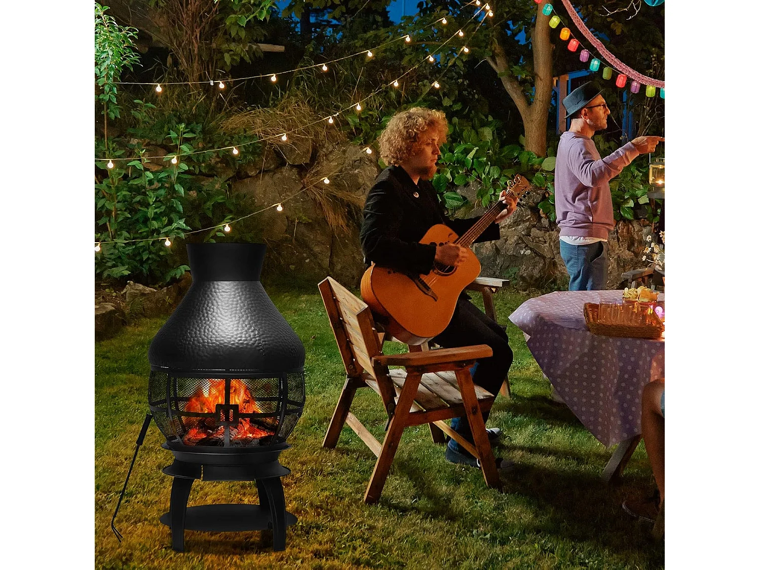 Brasero Foyer Extérieur avec Grille à Bûches en 2 Pièces, Cheminée à Bois Capuchon de Pluie et Tisonnier Couvercle en Maille Ignifuge à 360°, pour Jardin Camping Barbecue