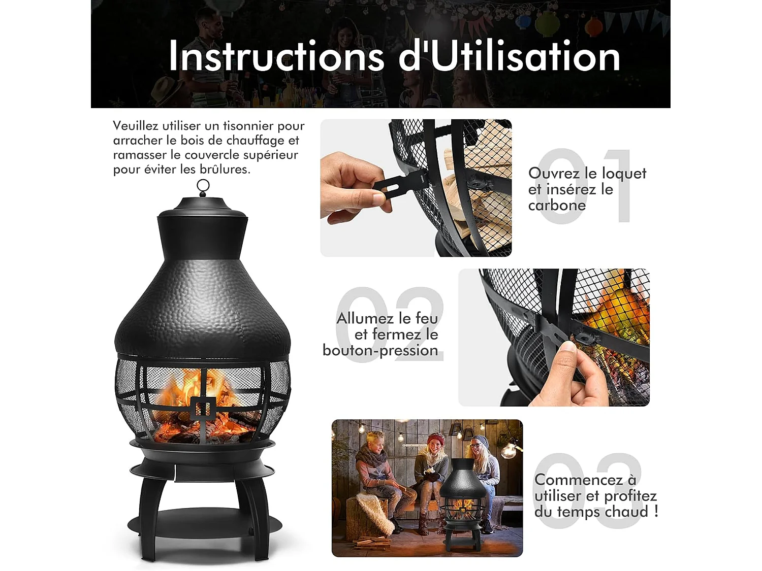 Brasero Foyer Extérieur avec Grille à Bûches en 2 Pièces, Cheminée à Bois Capuchon de Pluie et Tisonnier Couvercle en Maille Ignifuge à 360°, pour Jardin Camping Barbecue