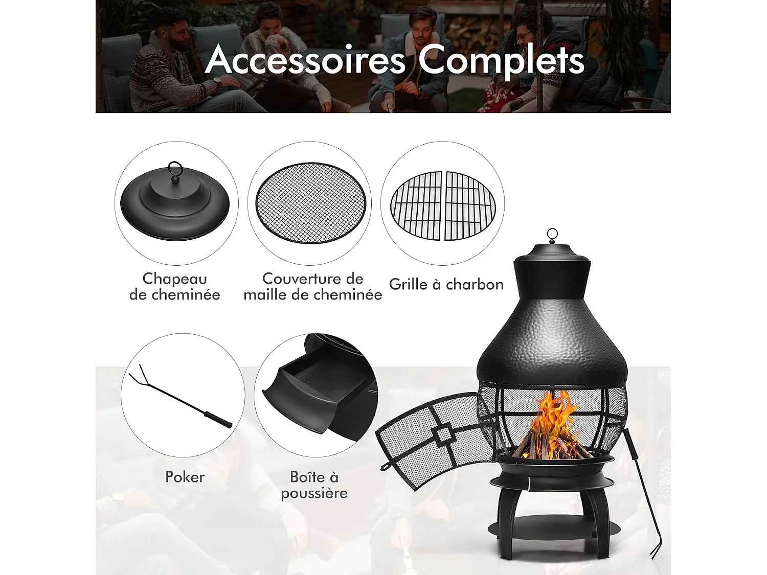 Brasero Foyer Extérieur avec Grille à Bûches en 2 Pièces, Cheminée à Bois Capuchon de Pluie et Tisonnier Couvercle en Maille Ignifuge à 360°, pour Jardin Camping Barbecue