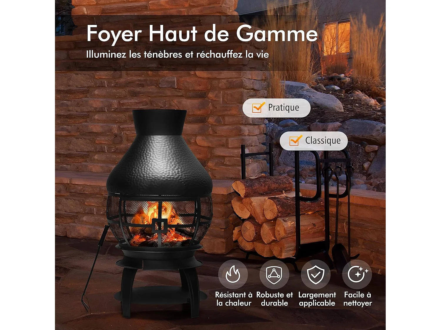 Brasero Foyer Extérieur avec Grille à Bûches en 2 Pièces, Cheminée à Bois Capuchon de Pluie et Tisonnier Couvercle en Maille Ignifuge à 360°, pour Jardin Camping Barbecue