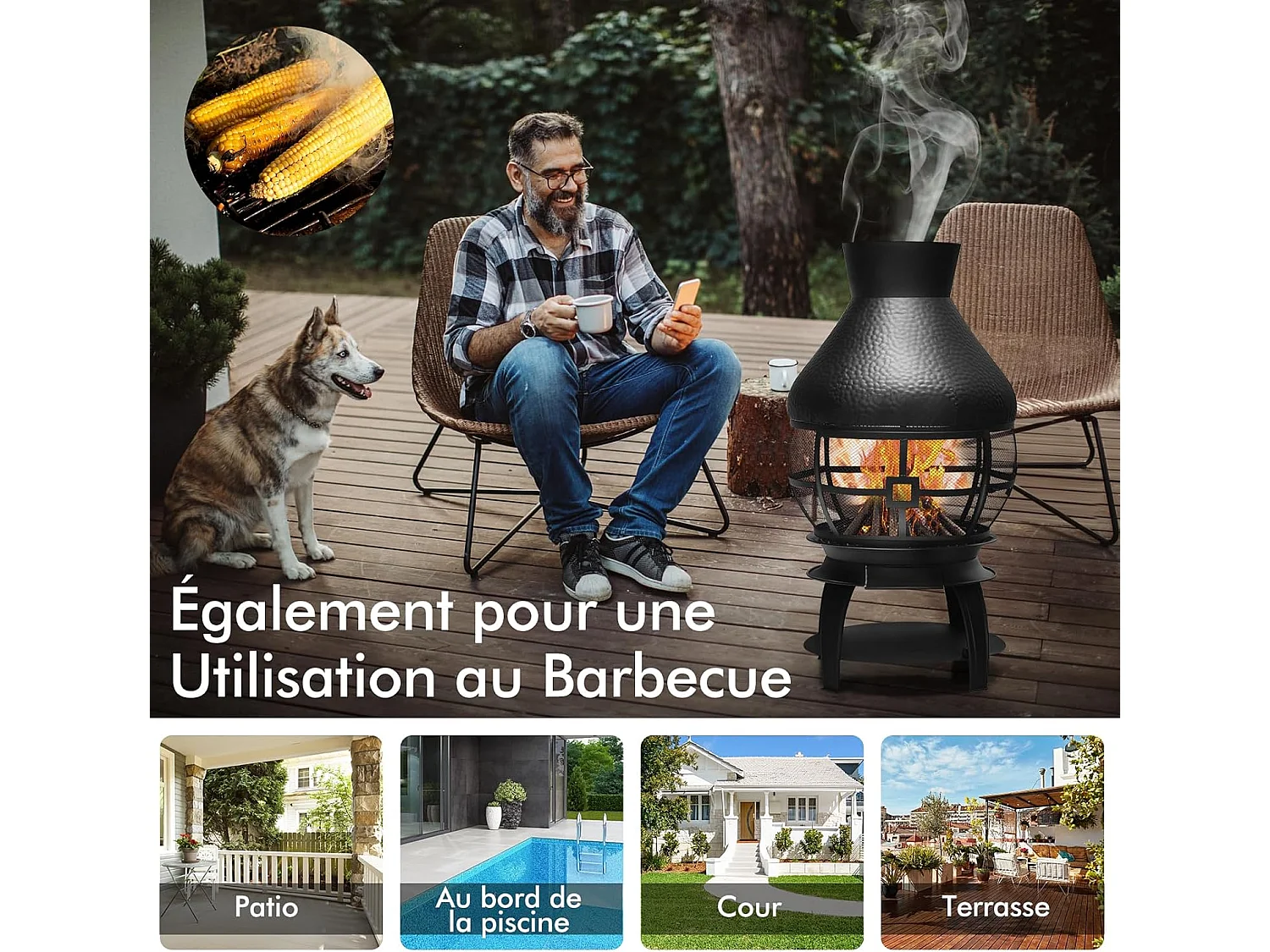 Brasero Foyer Extérieur avec Grille à Bûches en 2 Pièces, Cheminée à Bois Capuchon de Pluie et Tisonnier Couvercle en Maille Ignifuge à 360°, pour Jardin Camping Barbecue