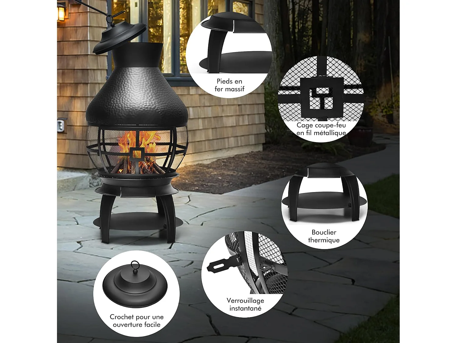 Brasero Foyer Extérieur avec Grille à Bûches en 2 Pièces, Cheminée à Bois Capuchon de Pluie et Tisonnier Couvercle en Maille Ignifuge à 360°, pour Jardin Camping Barbecue