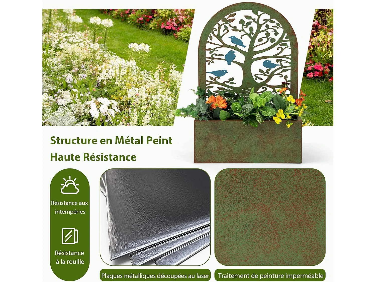 Jardinières Murales Décoratives avec Treillis 2 Pcs en Métal, Bac à Fleurs pour Plante Grimpante Dessus Incurvé, Lit de Jardin Résistance aux Intempéries