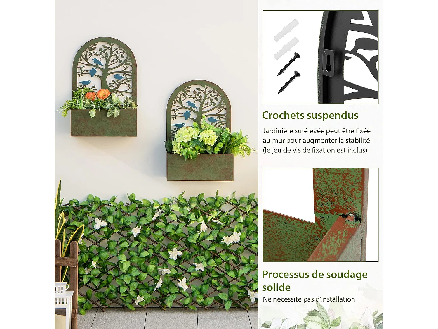 Jardinières Murales Décoratives avec Treillis 2 Pcs en Métal, Bac à Fleurs pour Plante Grimpante Dessus Incurvé, Lit de Jardin Résistance aux Intempéries