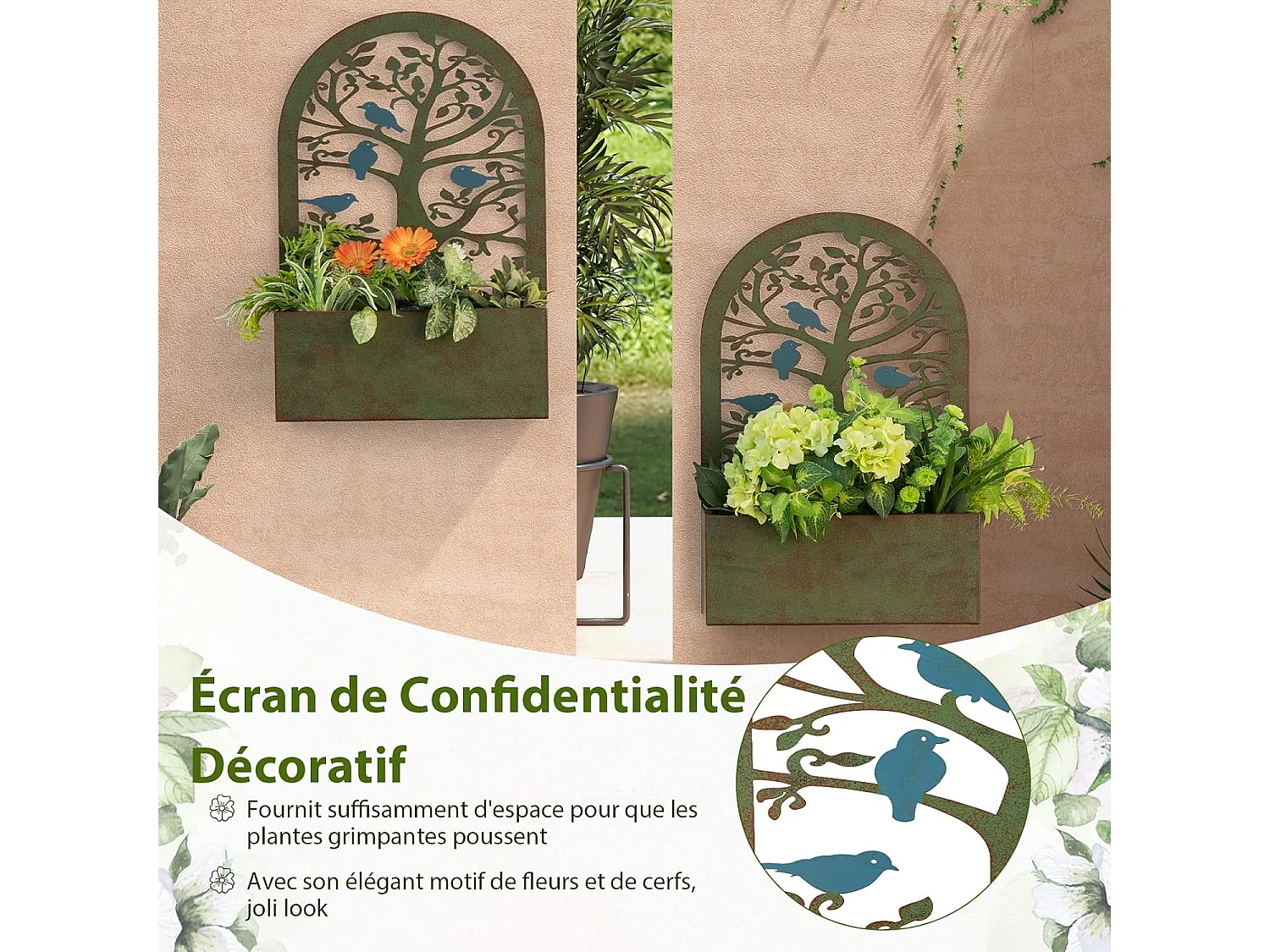 Jardinières Murales Décoratives avec Treillis 2 Pcs en Métal, Bac à Fleurs pour Plante Grimpante Dessus Incurvé, Lit de Jardin Résistance aux Intempéries
