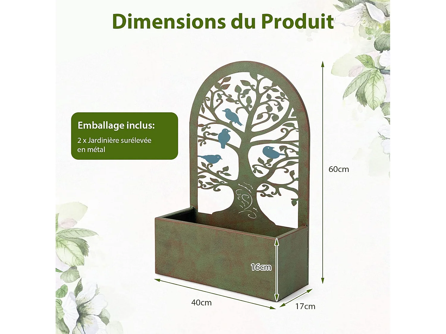 Jardinières Murales Décoratives avec Treillis 2 Pcs en Métal, Bac à Fleurs pour Plante Grimpante Dessus Incurvé, Lit de Jardin Résistance aux Intempéries