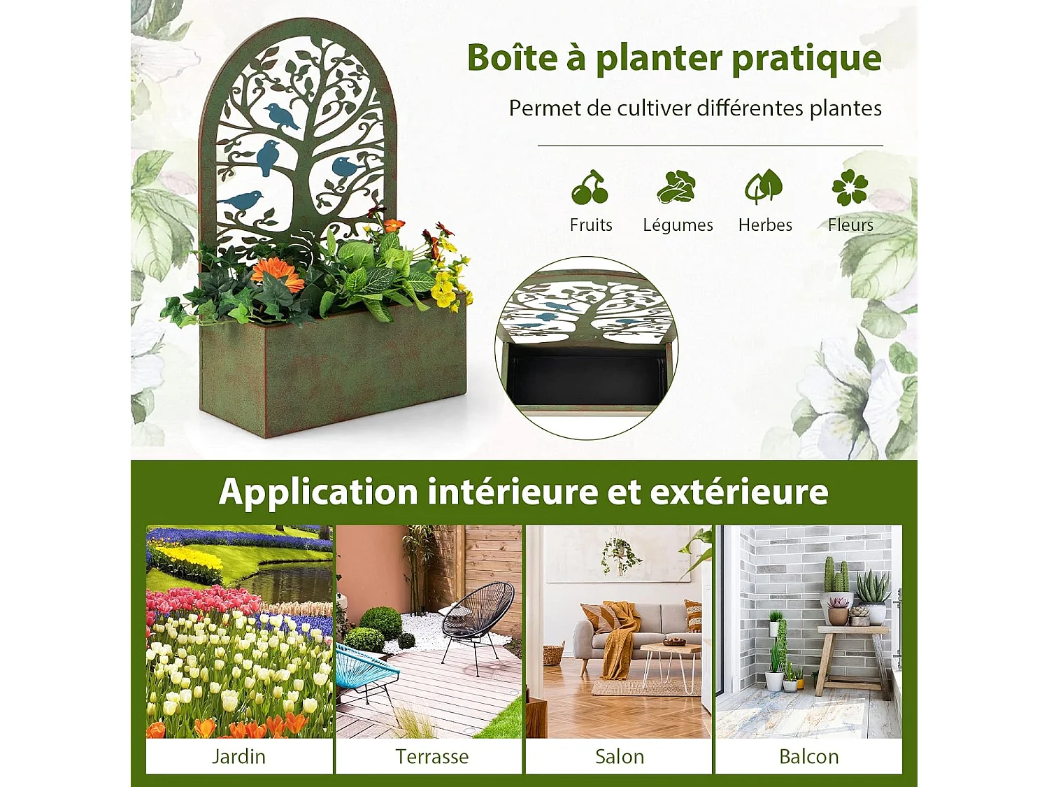 Jardinières Murales Décoratives avec Treillis 2 Pcs en Métal, Bac à Fleurs pour Plante Grimpante Dessus Incurvé, Lit de Jardin Résistance aux Intempéries