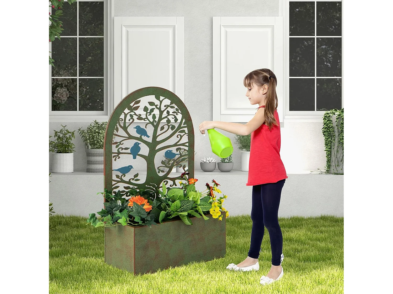 Jardinières Murales Décoratives avec Treillis 2 Pcs en Métal, Bac à Fleurs pour Plante Grimpante Dessus Incurvé, Lit de Jardin Résistance aux Intempéries