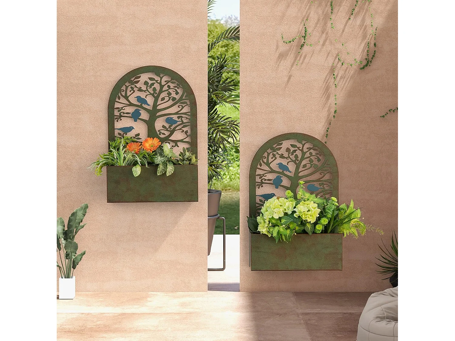 Jardinières Murales Décoratives avec Treillis 2 Pcs en Métal, Bac à Fleurs pour Plante Grimpante Dessus Incurvé, Lit de Jardin Résistance aux Intempéries