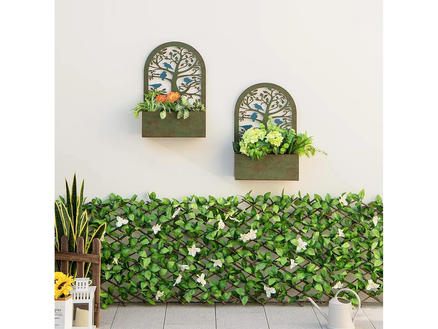 Jardinières Murales Décoratives avec Treillis 2 Pcs en Métal, Bac à Fleurs pour Plante Grimpante Dessus Incurvé, Lit de Jardin Résistance aux Intempéries