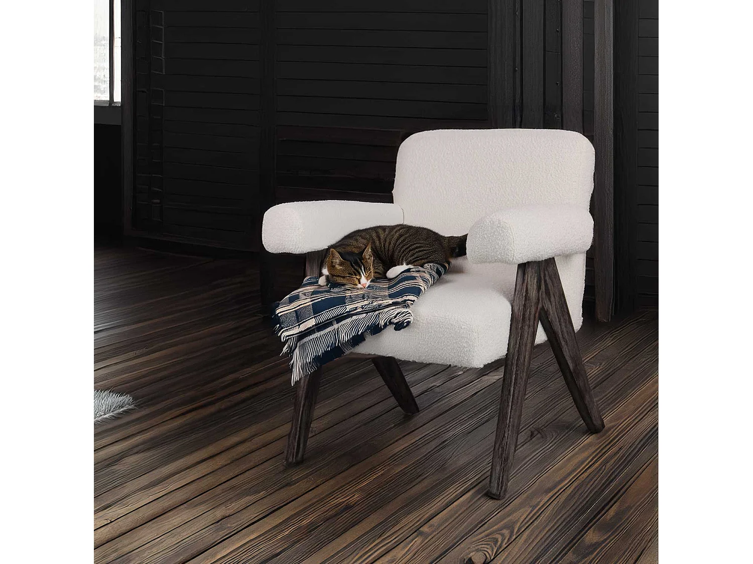 Avana - Fauteuil en bois massif de Parawood et tissu bouclé anti-tache