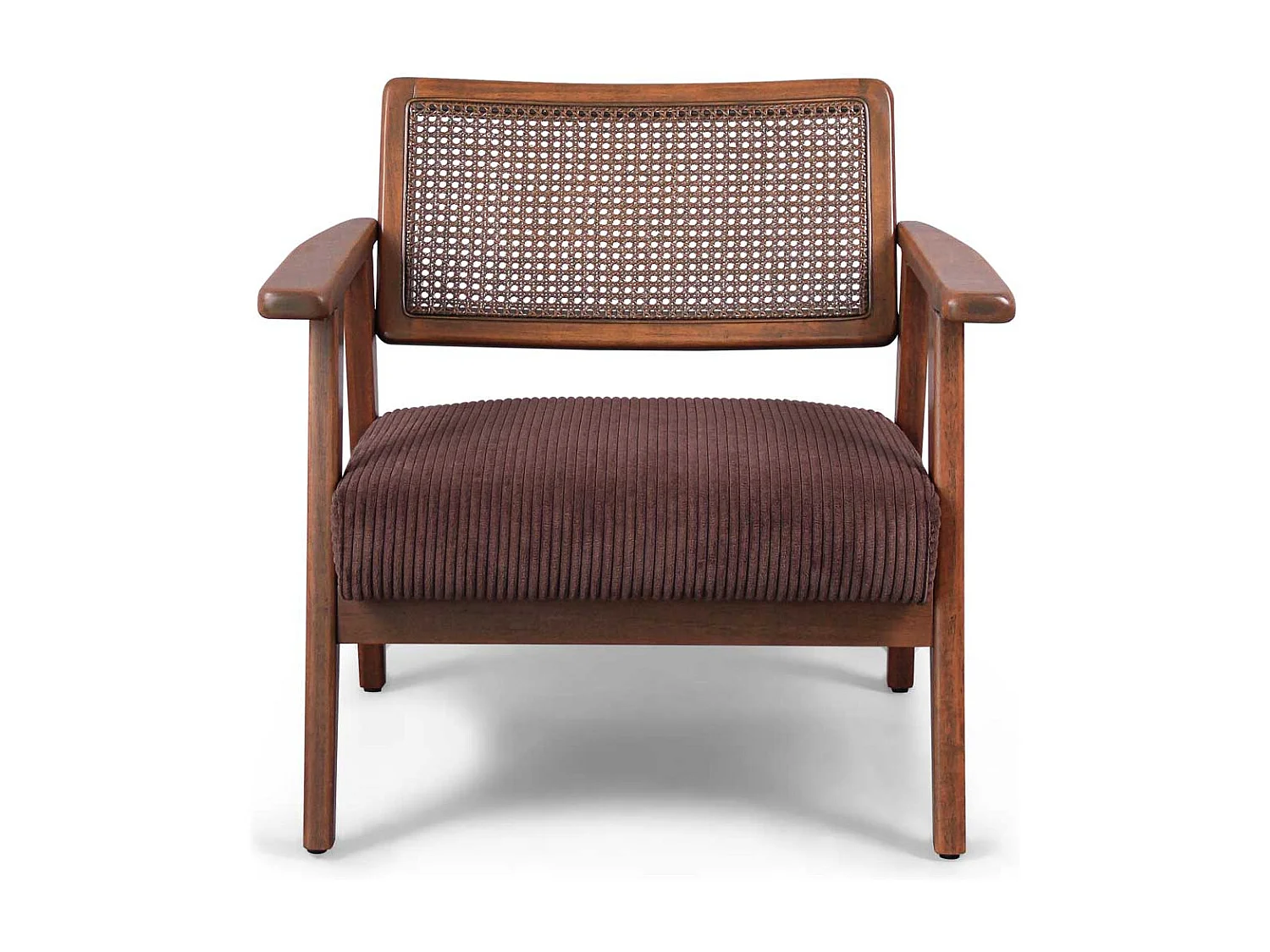 Boca - Fauteuil en bois massif de Parawood avec greffes en polyrattan et assise en velours côtelé