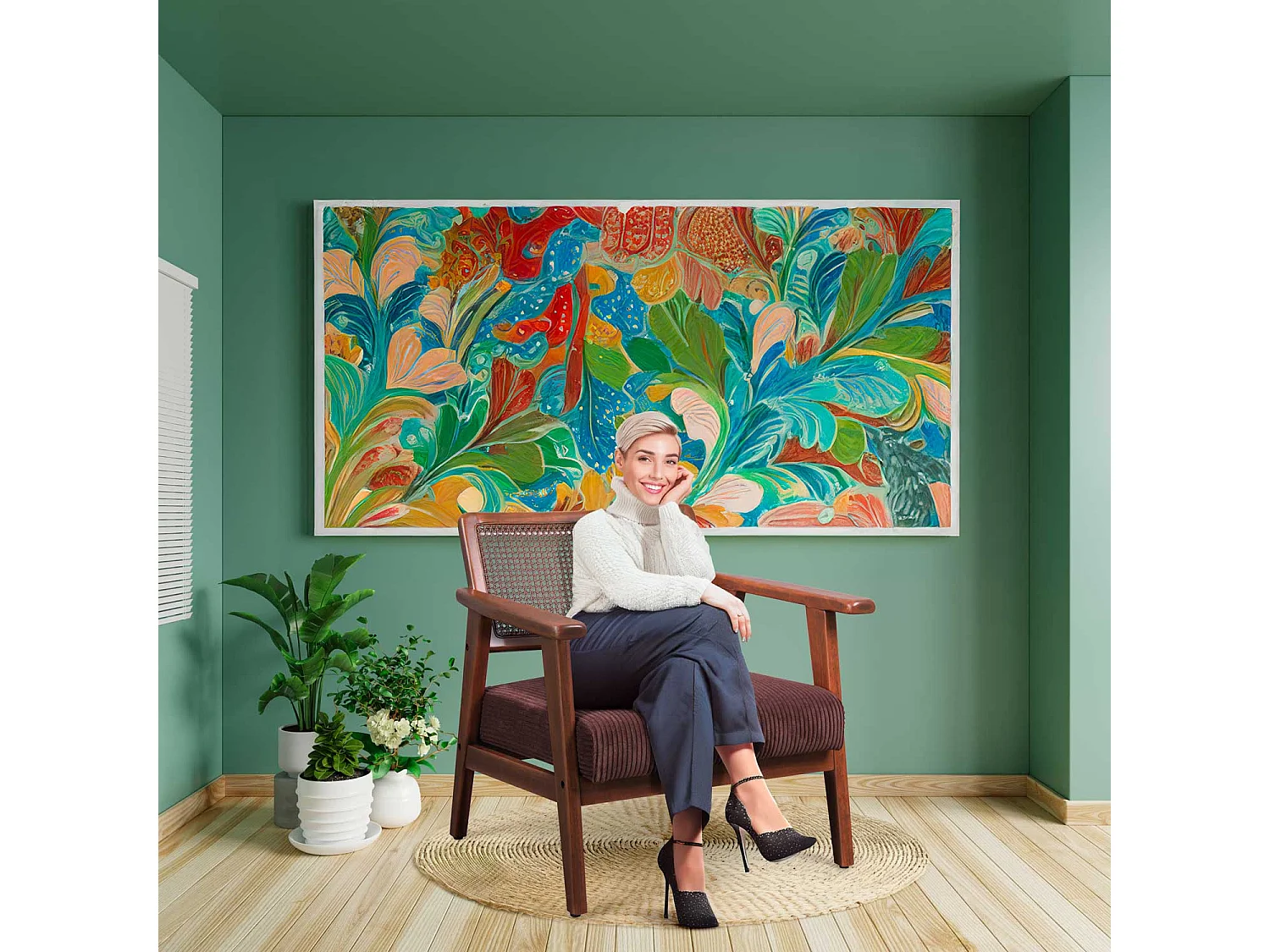 Boca - Fauteuil en bois massif de Parawood avec greffes en polyrattan et assise en velours côtelé