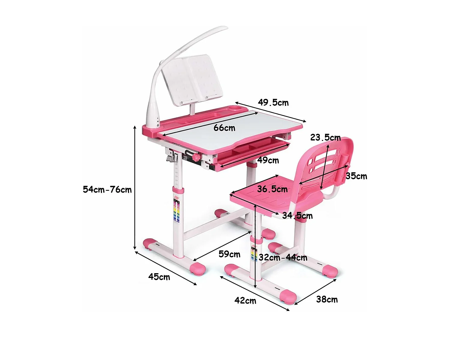 Set Bureau et Chaise pour Enfants avec Lampe LED,Bureau Inclinable 0°-40°,Hauteur Réglable,Charge Maximale 80KG Rose
