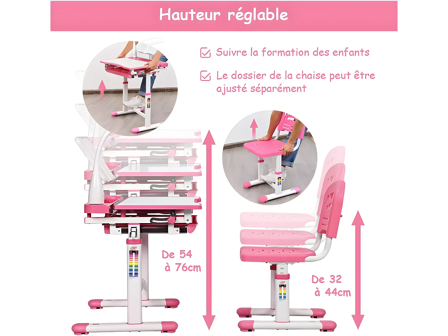 Set Bureau et Chaise pour Enfants avec Lampe LED,Bureau Inclinable 0°-40°,Hauteur Réglable,Charge Maximale 80KG Rose