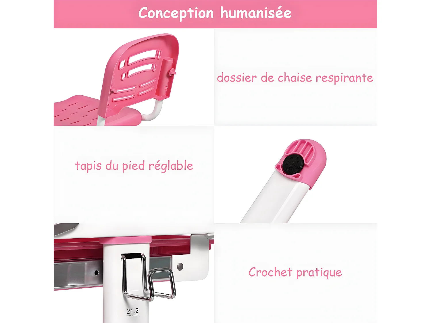 Set Bureau et Chaise pour Enfants avec Lampe LED,Bureau Inclinable 0°-40°,Hauteur Réglable,Charge Maximale 80KG Rose