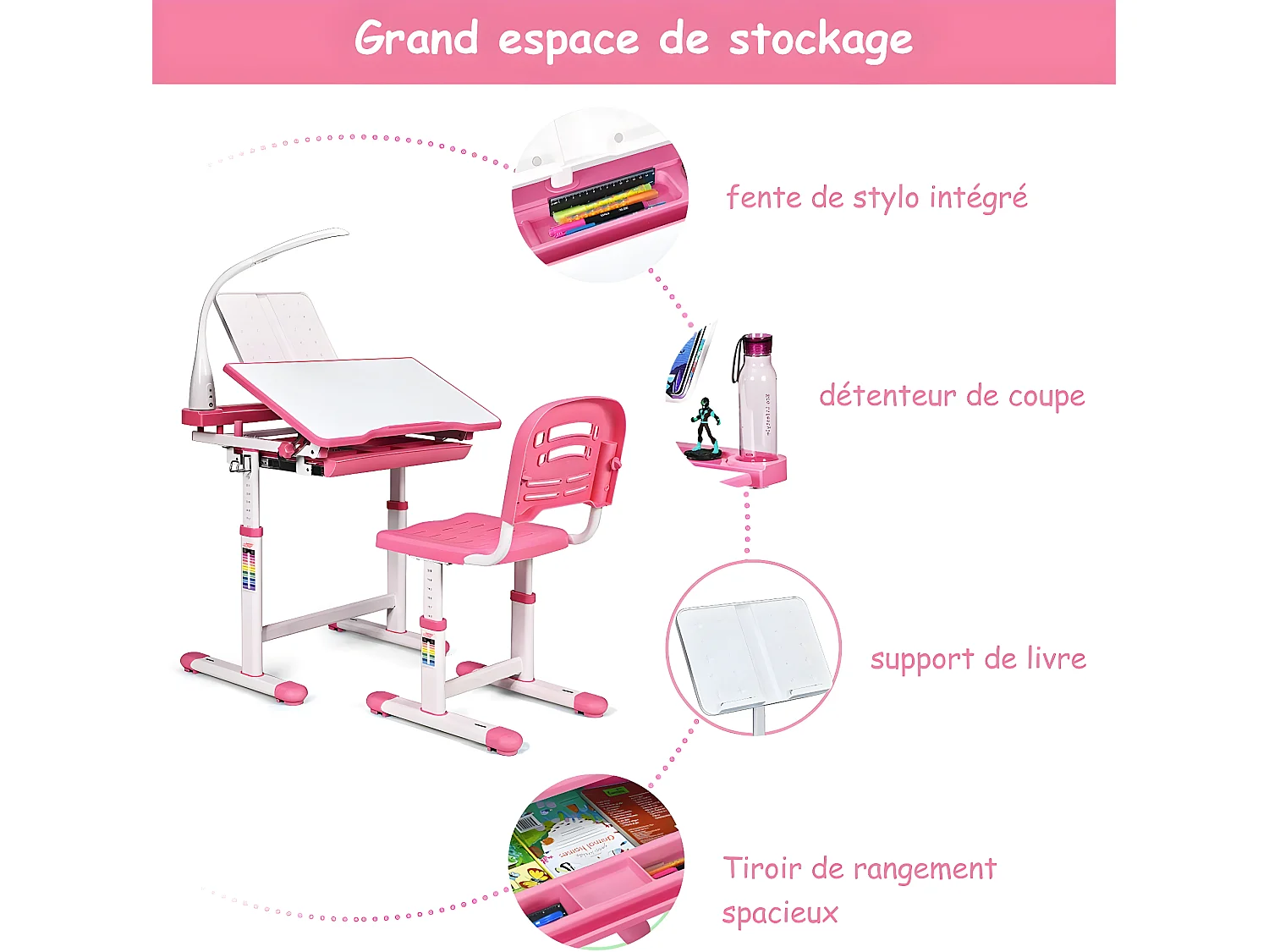 Set Bureau et Chaise pour Enfants avec Lampe LED,Bureau Inclinable 0°-40°,Hauteur Réglable,Charge Maximale 80KG Rose