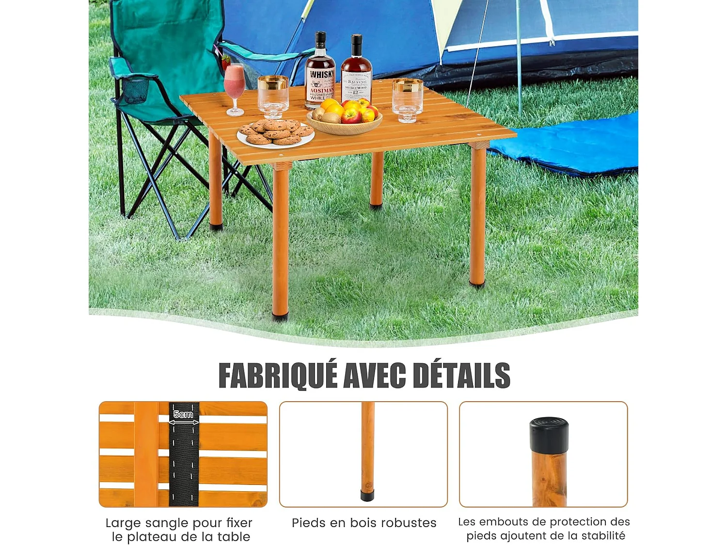 Table de Camping Pliante avec Plateau Enroulable, Table de Pique-Nique Portable Fait en Bois de SaBois avec Sac de Transport, pour Plage Pêche Barbecues 69 x 69 x 42 cm (Naturel)