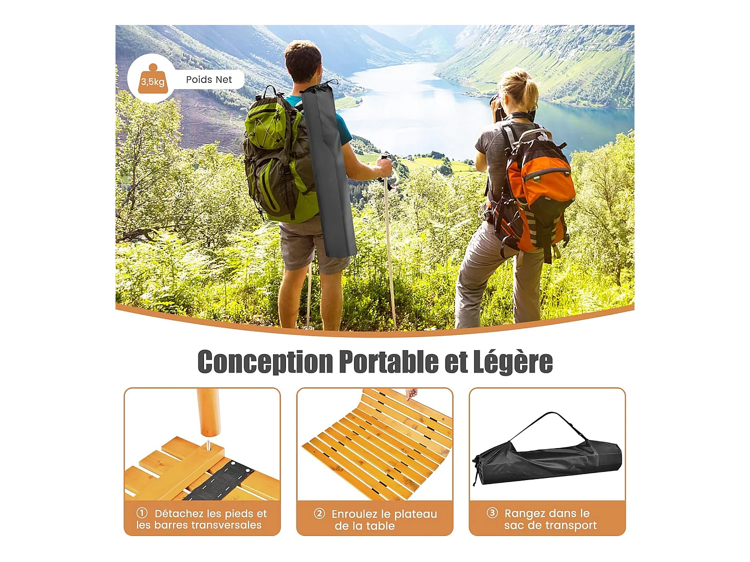 Table de Camping Pliante avec Plateau Enroulable, Table de Pique-Nique Portable Fait en Bois de SaBois avec Sac de Transport, pour Plage Pêche Barbecues 69 x 69 x 42 cm (Naturel)