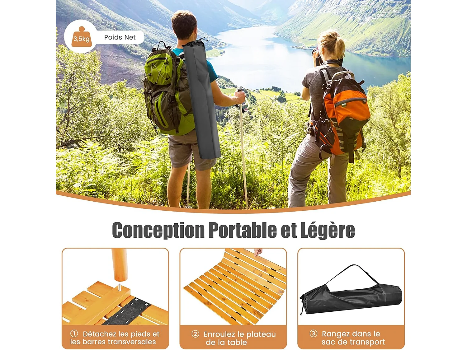 Table de Camping Pliante avec Plateau Enroulable, Table de Pique-Nique Portable Fait en Bois de SaBois avec Sac de Transport, pour Plage Pêche Barbecues 69 x 69 x 42 cm (Naturel)