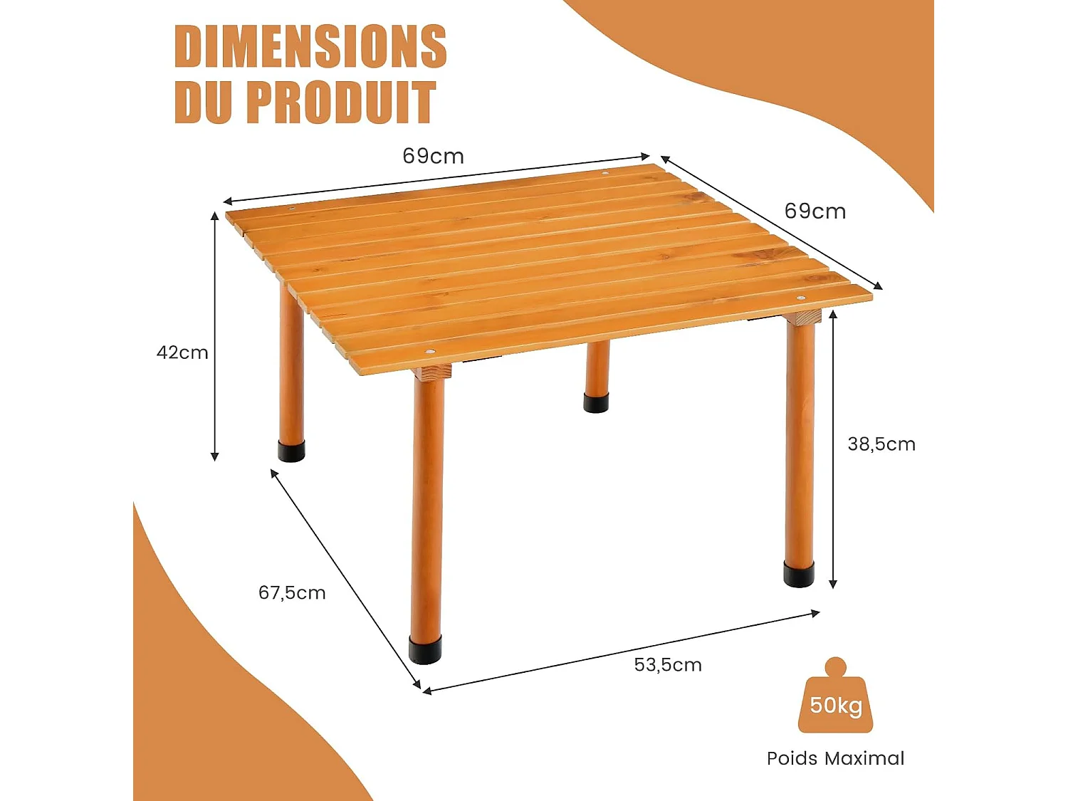 Table de Camping Pliante avec Plateau Enroulable, Table de Pique-Nique Portable Fait en Bois de SaBois avec Sac de Transport, pour Plage Pêche Barbecues 69 x 69 x 42 cm (Naturel)