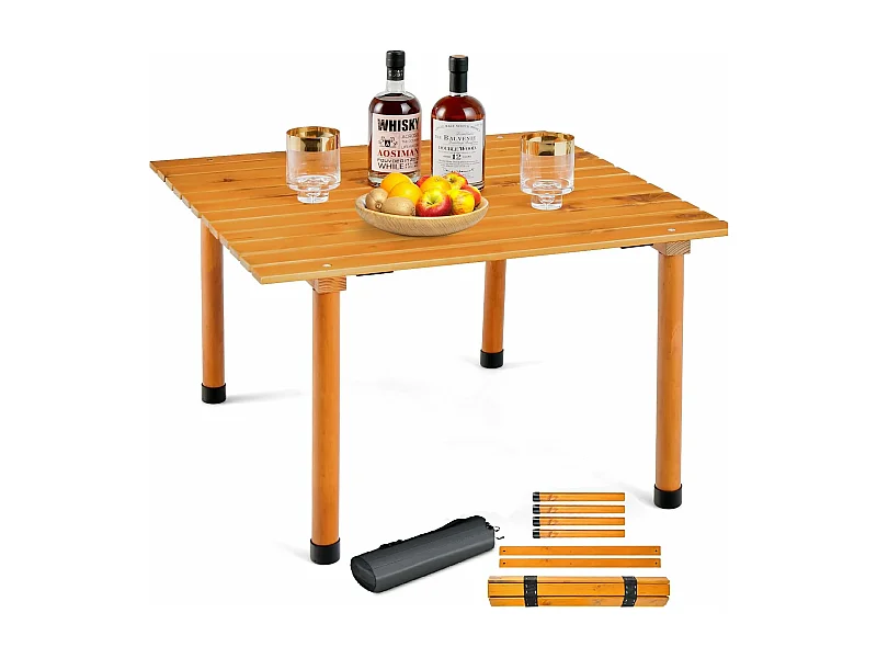 Table de Camping Pliante avec Plateau Enroulable, Table de Pique-Nique Portable Fait en Bois de SaBois avec Sac de Transport, pour Plage Pêche Barbecues 69 x 69 x 42 cm (Naturel)