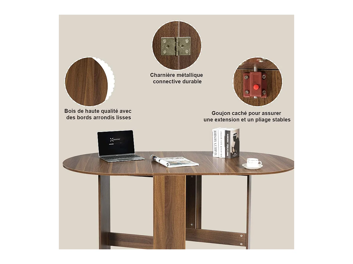 Table Extensible Salle à Manger pour 4-7 Personnes, Table Ronde Convertible avec 2 Rallonges Semi-ovales Charge Max 60KG, 163 x 80 x 75CM, Marron