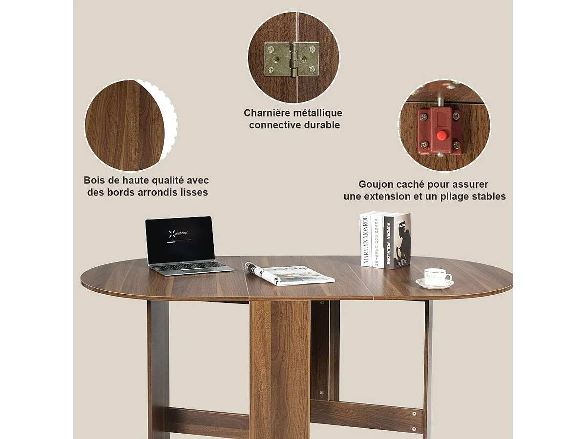 Uitschuifbare eettafel voor 4-7 personen, converteerbare ronde tafel met 2 semi-ovale verlengstukken, maximale belasting 60 kg, 163 x 80 x 75 cm, bruin