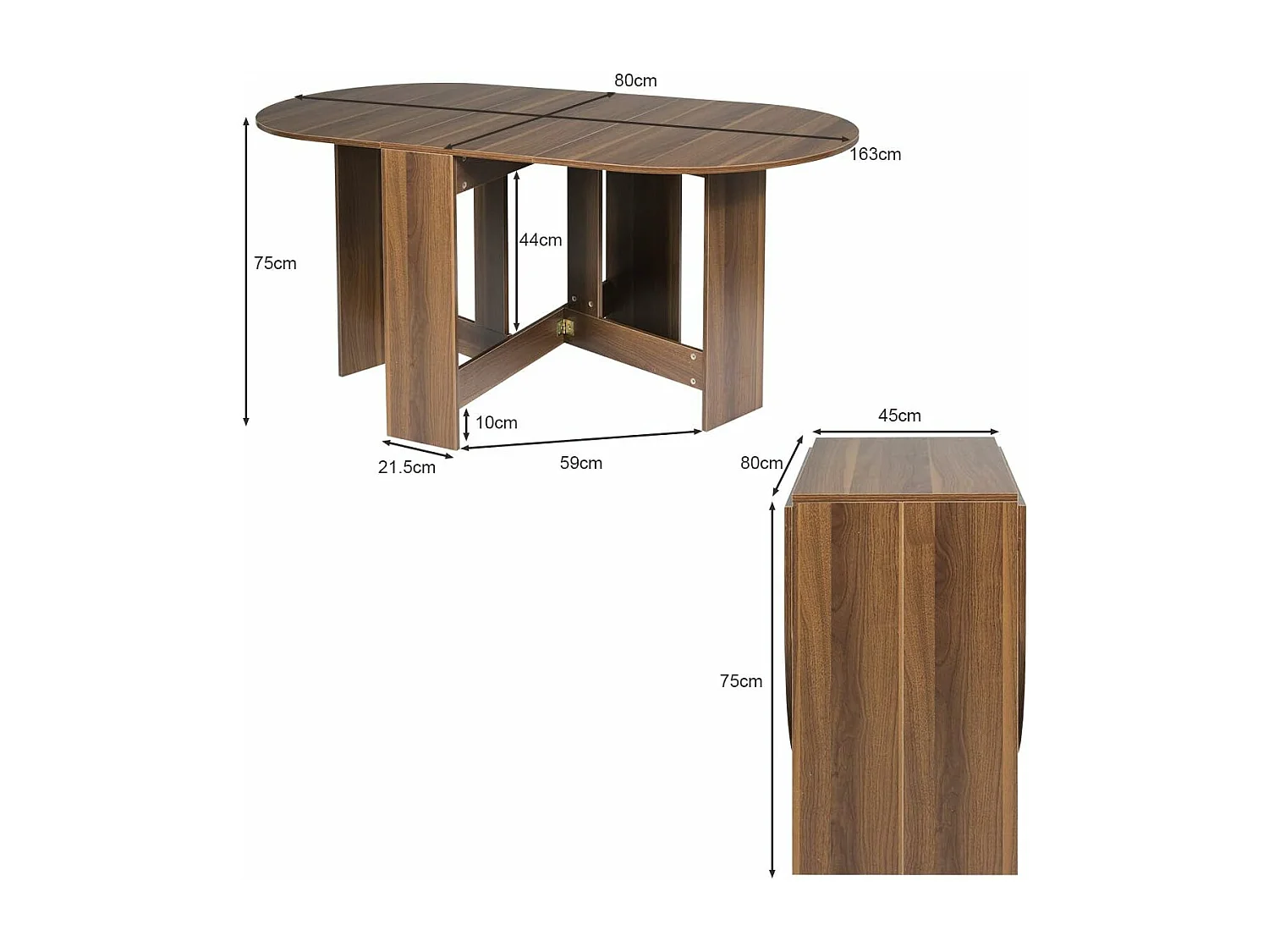 Uitschuifbare eettafel voor 4-7 personen, converteerbare ronde tafel met 2 semi-ovale verlengstukken, maximale belasting 60 kg, 163 x 80 x 75 cm, bruin