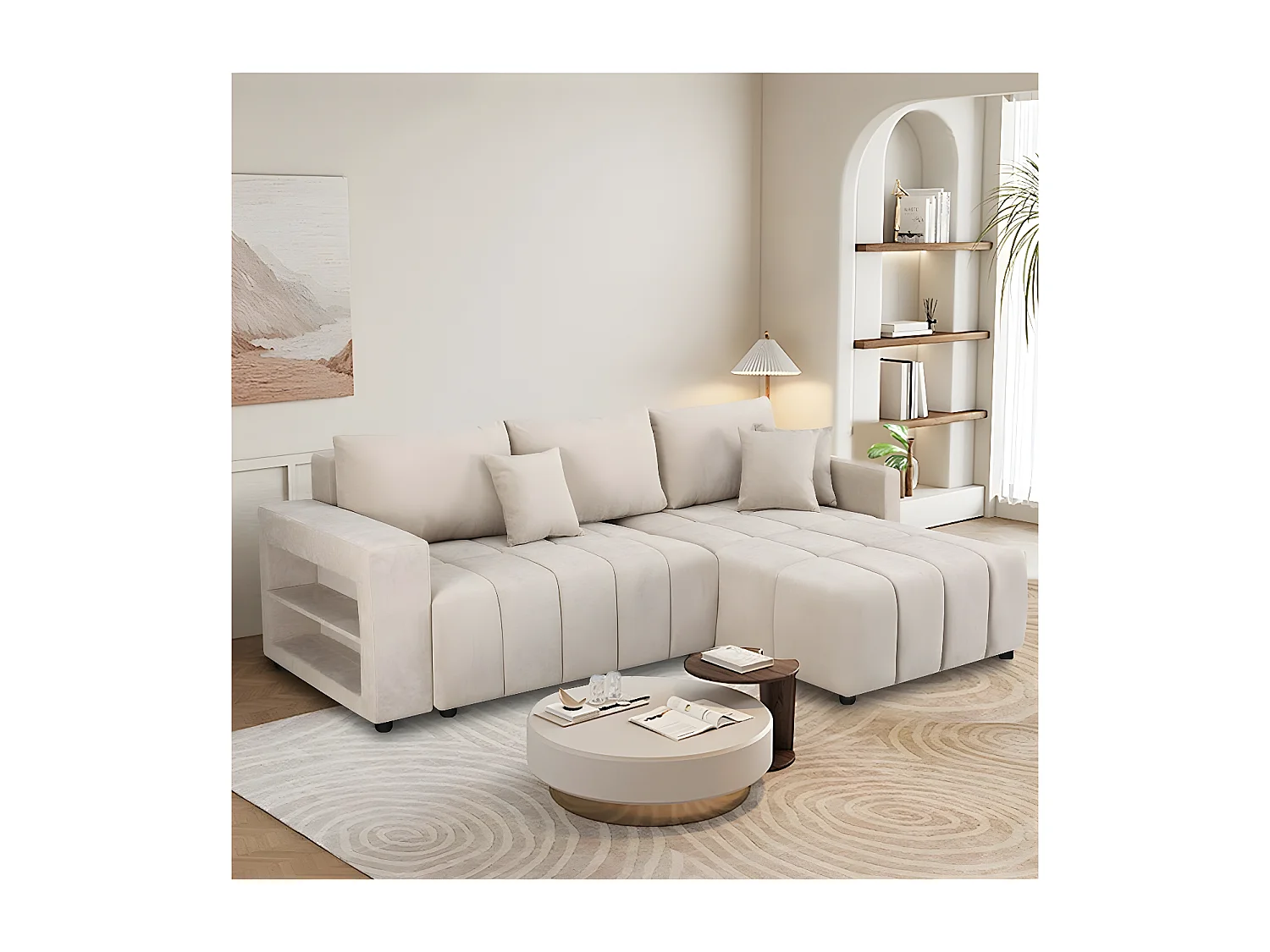 Canapé d'angle convertible tissu chenille 3 places - "Trocadero" - Beige