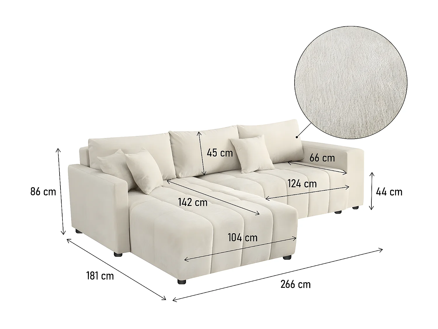 Canapé d'angle convertible tissu chenille 3 places - "Trocadero" - Beige