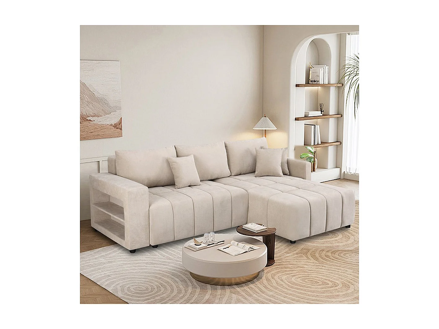 Canapé d'angle convertible tissu chenille 3 places - "Trocadero" - Beige