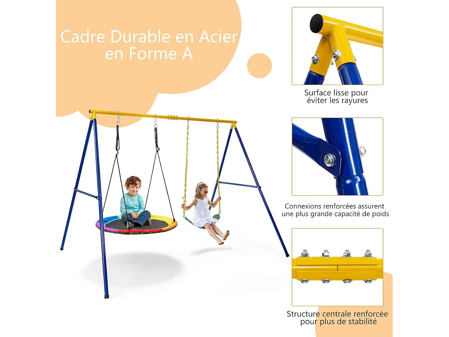 Portique de Balançoire pour Enfants en Forme de A Charge 300KG avec 2 Façons de Suspendre Piquets d'Ancrage 249x185x181,5cm