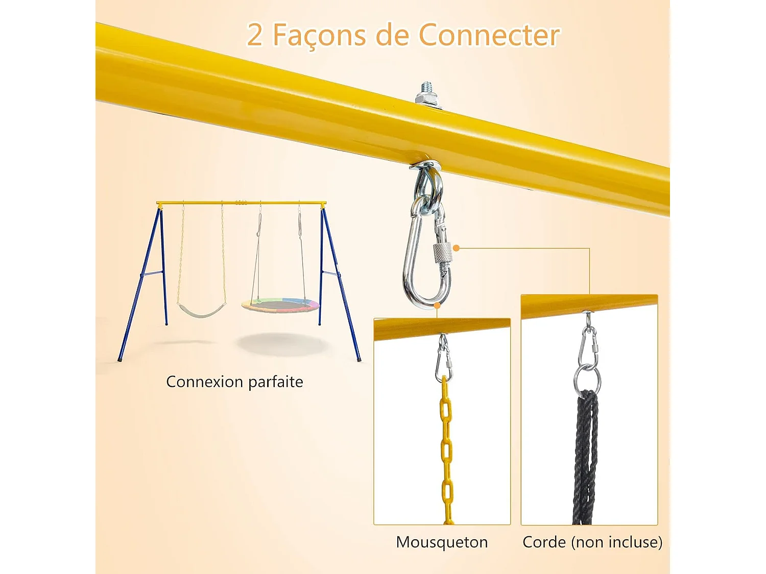 Portique de Balançoire pour Enfants en Forme de A Charge 300KG avec 2 Façons de Suspendre Piquets d'Ancrage 249x185x181,5cm