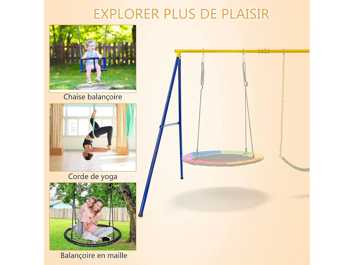 Portique de Balançoire pour Enfants en Forme de A Charge 300KG avec 2 Façons de Suspendre Piquets d'Ancrage 249x185x181,5cm