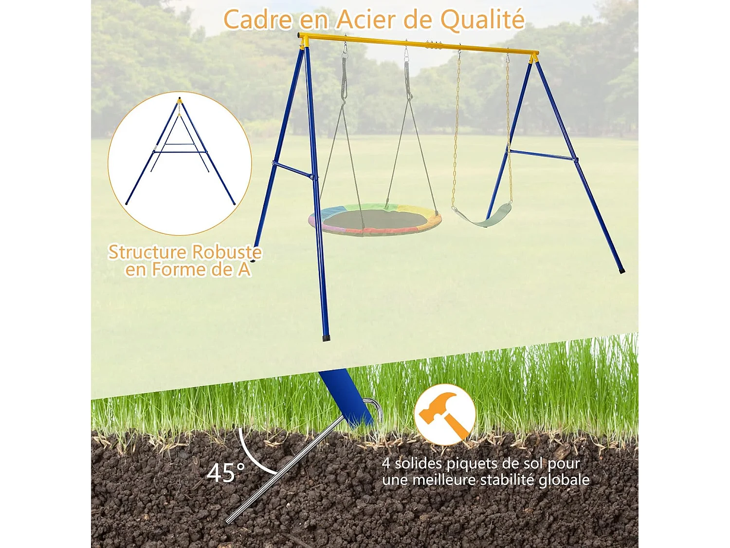 Portique de Balançoire pour Enfants en Forme de A Charge 300KG avec 2 Façons de Suspendre Piquets d'Ancrage 249x185x181,5cm