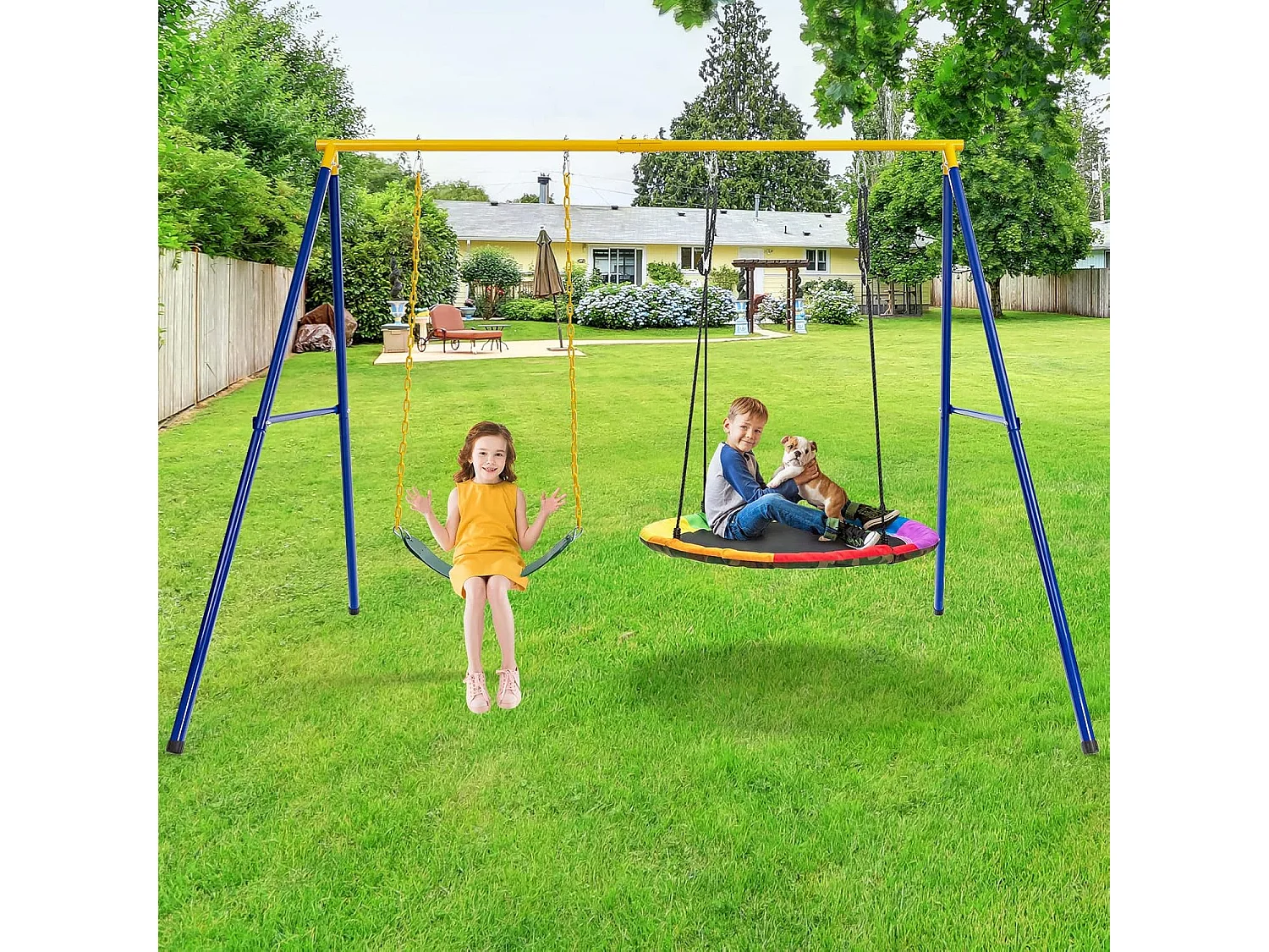 Portique de Balançoire pour Enfants en Forme de A Charge 300KG avec 2 Façons de Suspendre Piquets d'Ancrage 249x185x181,5cm