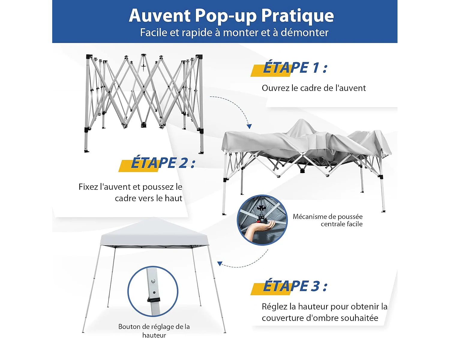 Tonnelle de Jardin Instantanée Pliable 3x3m/Tente de Jardin 3 Hauteurs Réglable Sac avec Sangles Anti-UV 50+ Imperméable pour Marché Patio CamBoisg Blanc