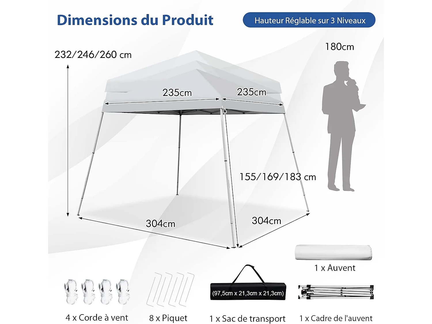 Tonnelle de Jardin Instantanée Pliable 3x3m/Tente de Jardin 3 Hauteurs Réglable Sac avec Sangles Anti-UV 50+ Imperméable pour Marché Patio CamBoisg Blanc