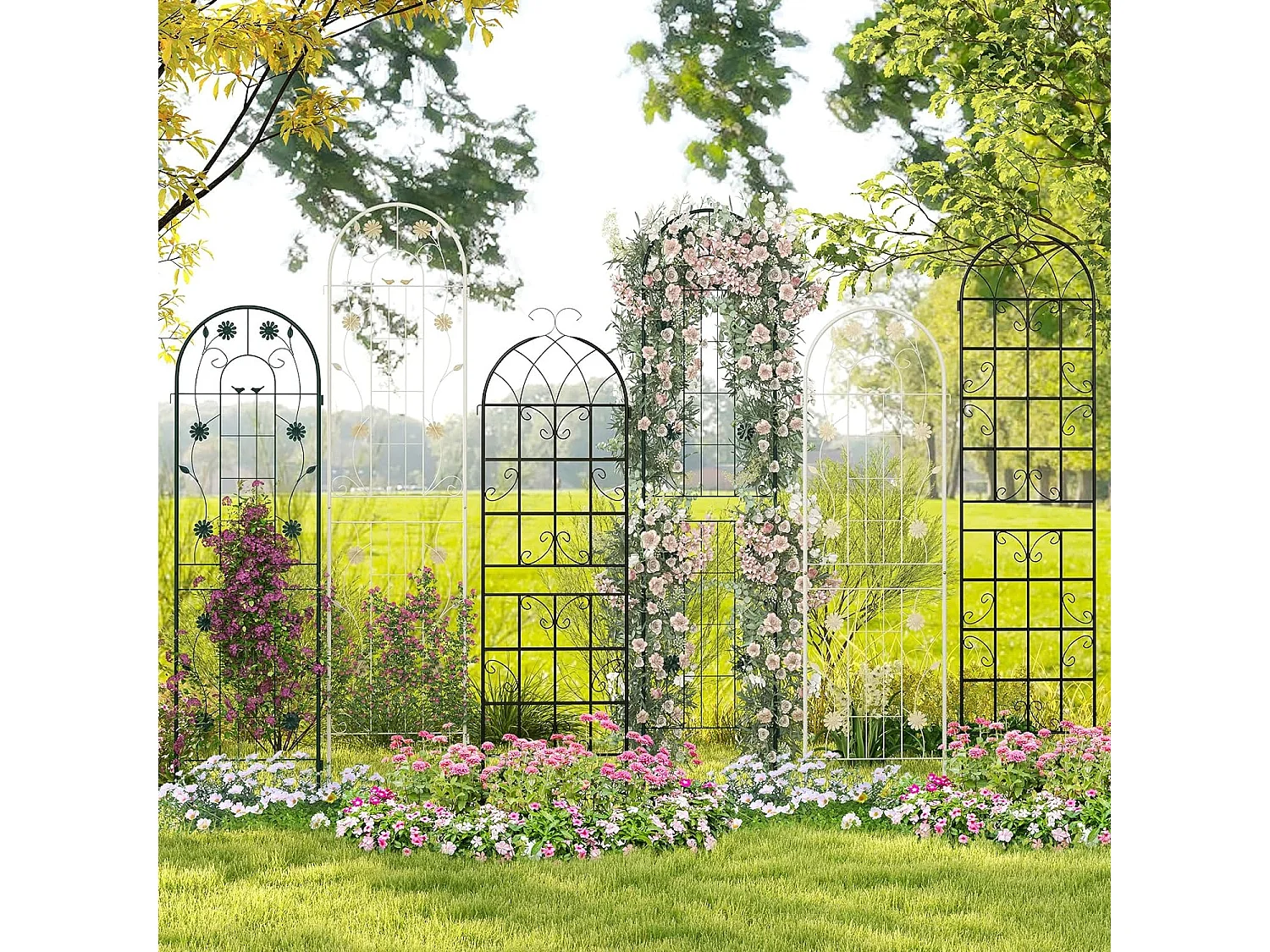 Lot de 4 Treillis de Jardin en Métal 180 x 50 cm, Clôture Décorative pour Plante Grimpante, Grille Fleurs Antirouille pour Jardin, Cour, Patio, Vert