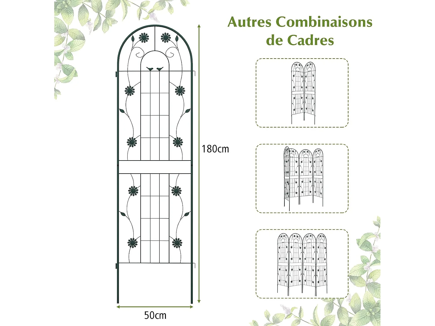 Lot de 4 Treillis de Jardin en Métal 180 x 50 cm, Clôture Décorative pour Plante Grimpante, Grille Fleurs Antirouille pour Jardin, Cour, Patio, Vert
